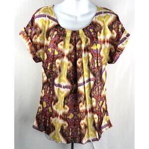 Boho satin top L purple/yellow Geo Mod Art pleated Neck Cuff ShortSleeve Hippie